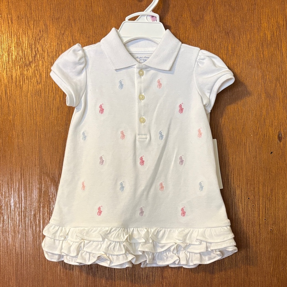 NWT 9mo Ralph Lauren White Polo Dress with Pink & Blue Pony Embroidery